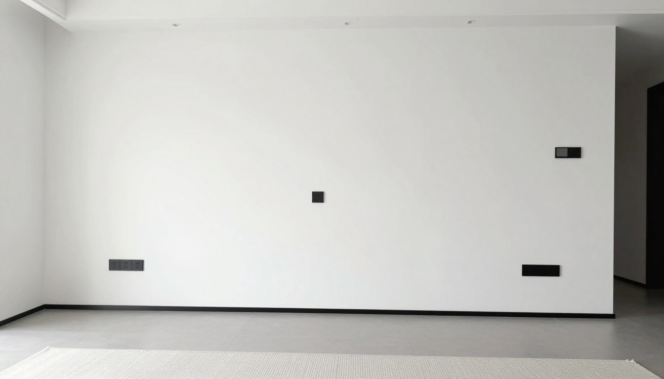 czarne gniazdka na białej ścianie w nowoczesnym salonie z minimalistycznym wystrojem