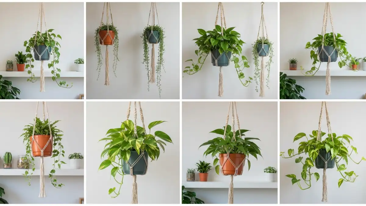 Kolaż dziesięciu rośliny wiszących w makramach i na półkach – hiedra, sznureczek żydowski, epipremnum, philodendron, scindapsus w domu
