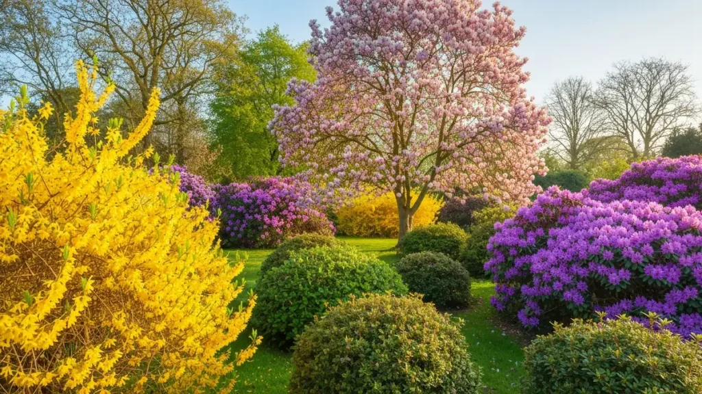 Kwitnące krzewy wiosenne w ogrodzie – forsycja, magnolia, rododendron