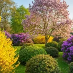 Kwitnące krzewy wiosenne w ogrodzie – forsycja, magnolia, rododendron