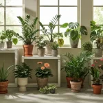 Kolekcja piętnastu różnych roślin oczyszczających powietrze do domu: Sansewieria, Pothos, Chlorofitum, Dracena, Fikus, Monstera i inne rośliny doniczkowe ustawione w salonie ze słońcem wpadającym z okna.