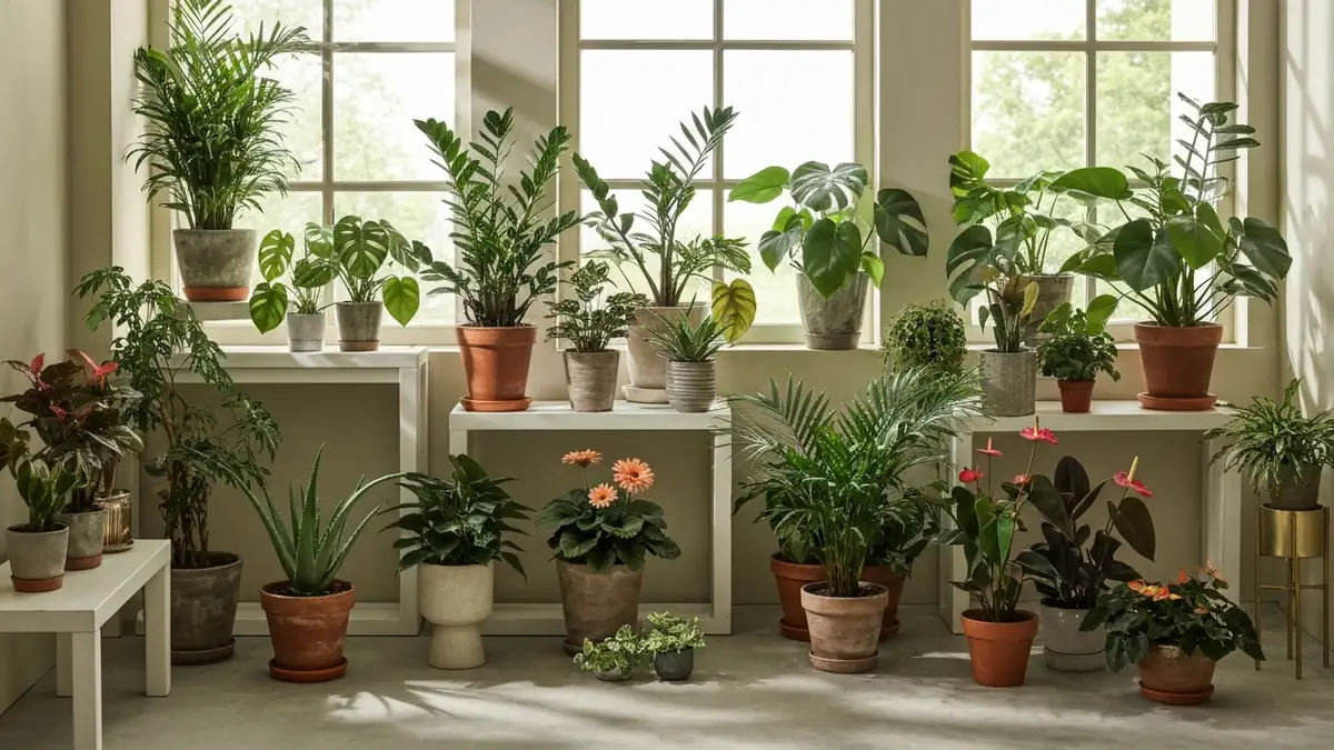 Kolekcja piętnastu różnych roślin oczyszczających powietrze do domu: Sansewieria, Pothos, Chlorofitum, Dracena, Fikus, Monstera i inne rośliny doniczkowe ustawione w salonie ze słońcem wpadającym z okna.
