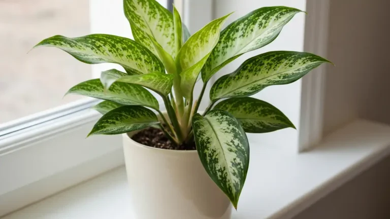 Aglaonema z zielonymi liśćmi i białymi plamami w donicy doniczkowej