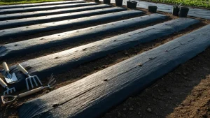 Agrowłóknina ścioółkująca rozłożona na grządce wiosennie z widocznymi otworami do sadzenia roślin
