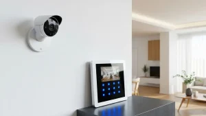 Nowoczesny system alarmowy z czujnikami, kamerą i centralą na tle domu