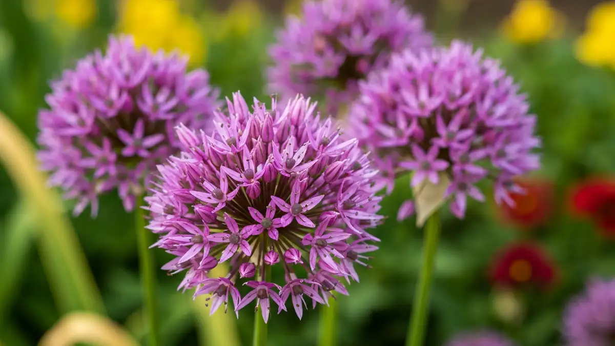 Allium ozdobne (czosnek ozdobny) z kulistymi kwiatami w kolorze fioletu w letniej rabatce ogrodowej