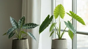 Alocasia zebrina z charakterystycznymi paskami na liściach i Alocasia polly z głębokim wycięciem liścia
