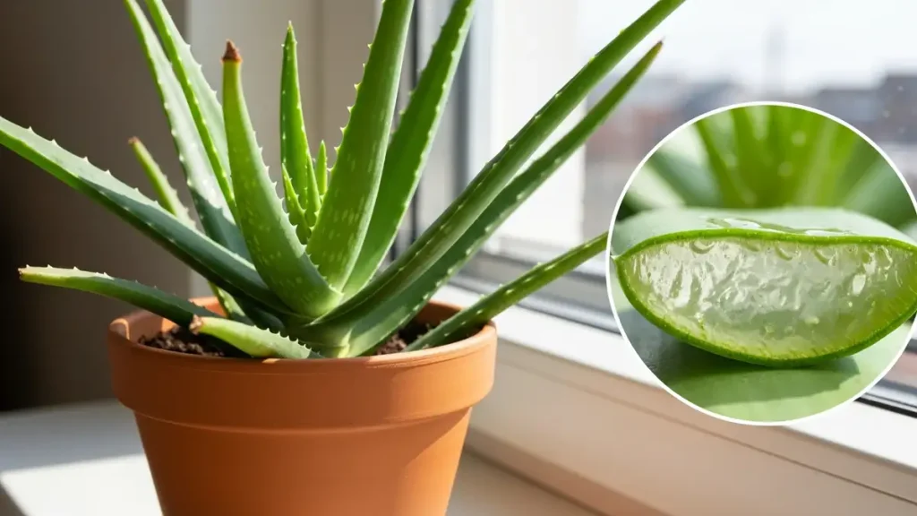 Aloes zwyczajny z liśćmi pełnymi żelu w doniczce na jasnym oknie