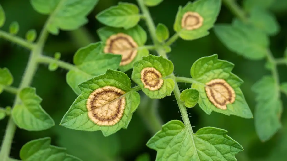Liście pomidora z objawami alternariozy - brązowe plamki koncentryczne z jasnymi pierścieniami na zielonym tle