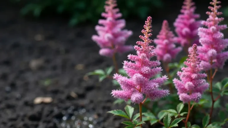 Astilbe kwitnące w wilgotnym cieniu ogrodu, różowe pióropodobne kwiaty
