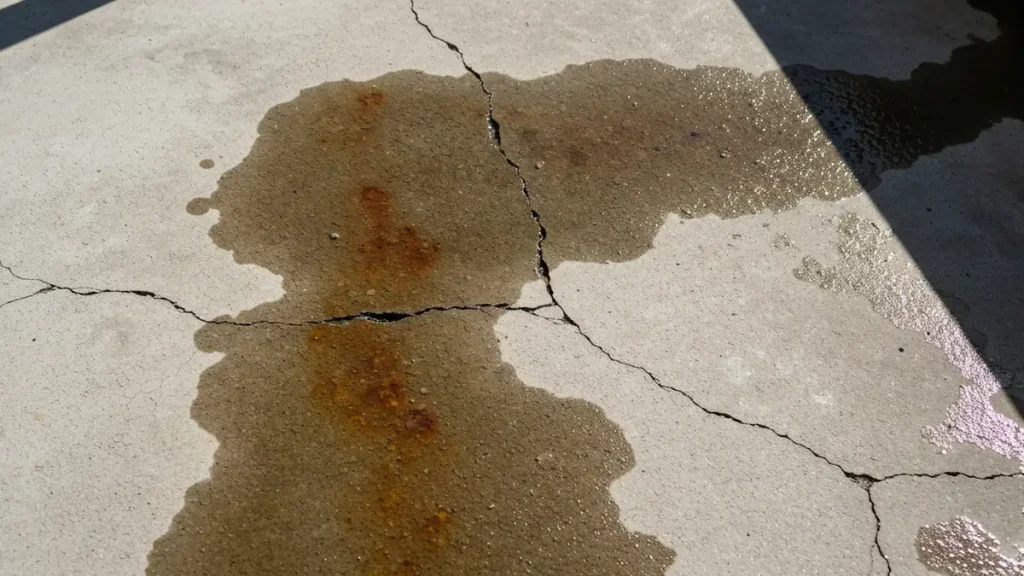 Beton na balkonie z wyraźnie widocznymi pęknięciami i śladami przecieków wody