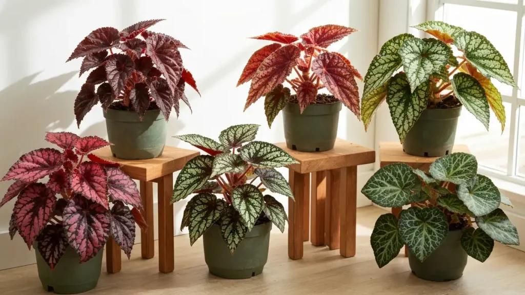 Begonia rex z kolorowymi liśćmi w różnych odmianych: czarne, karminowe, srebrne i zielone