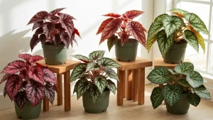 Begonia rex z kolorowymi liśćmi w różnych odmianych: czarne, karminowe, srebrne i zielone