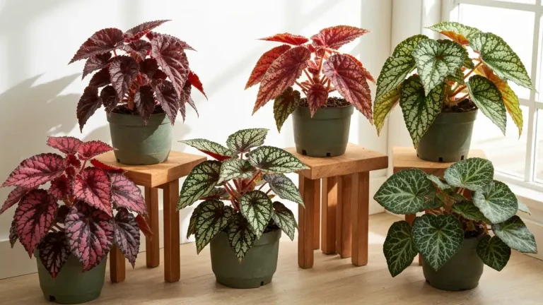 Begonia rex z kolorowymi liśćmi w różnych odmianych: czarne, karminowe, srebrne i zielone