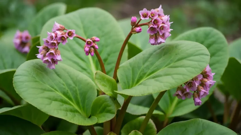 Bergenia sercowata z charakterystycznymi dużymi liśćmi sercowatymi i różowymi kwiatami wiosną