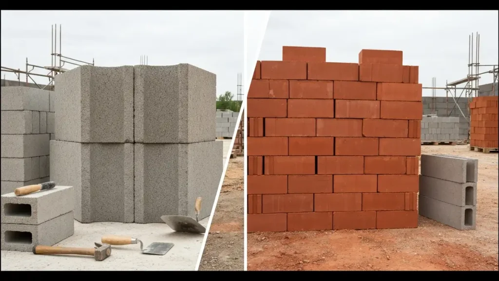 Porównanie betonu komórkowego i ceramiki – dwa materiały budowlane obok siebie na placu budowy
