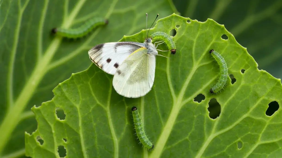 Biały motyl bielinka kapustnika na liściu kapusty z zielonymi gąsienicami żerującymi