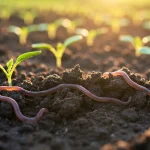 Biohumus – czarne, bogatego nawozu organicznego z robaczkami kalifornijskimi, rozprowadzony równomiernie na glebie ogrodowej wokół sadzonek warzyw