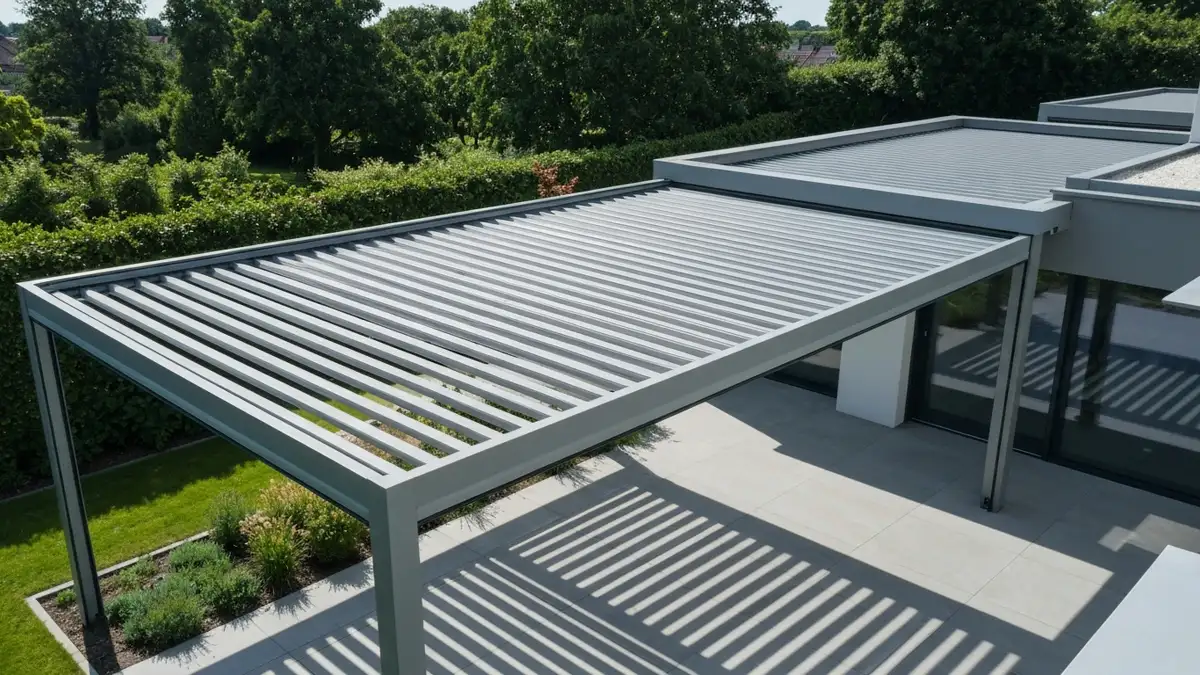 Bioklimatyczna pergola z automatycznymi lamelami w ogrodzie – otwarte i zamknięte pozycje lamel