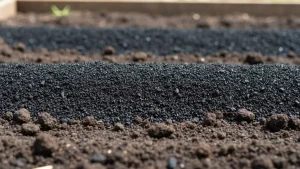 Czarna granulatowata substancja biowęgla rozłożona na warstwę brązowej gleby w ogrodzie warzywnym