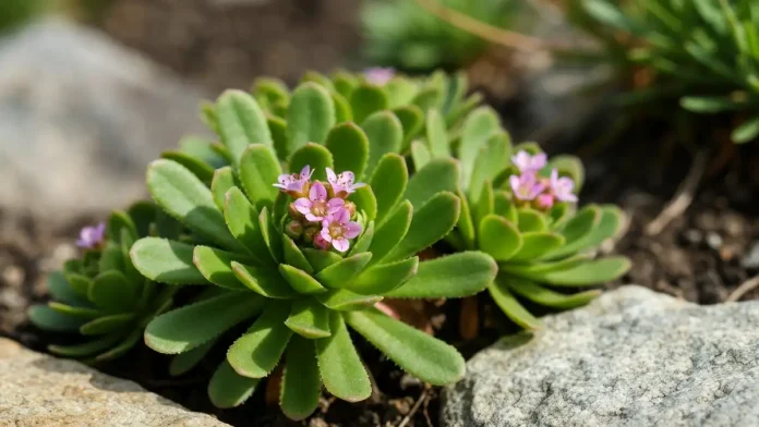 Bodziszek ogrodowy Saxifraga alpejski z drobnymi kwiatkami w ogrodzie skalnym