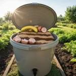 Pojemnik do bokashi z pokrywką, sitkiem i warstwami odpadów kuchennych