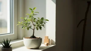 Młode bonsai fikus w małej ceramicznej doniczce na parapecie z zielonymi liśćmi