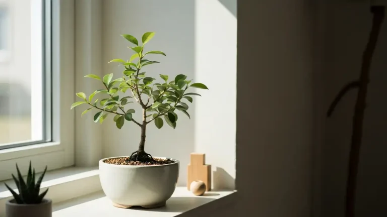 Młode bonsai fikus w małej ceramicznej doniczce na parapecie z zielonymi liśćmi