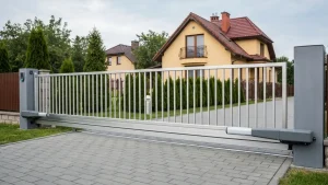 Nowoczesna brama przesuwna z automatyką przy wjazdu do prywatnej posesji