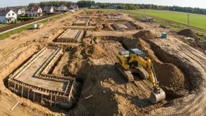 Budowa domu systemem gospodarczym – faza fundamentów z koparka na działce