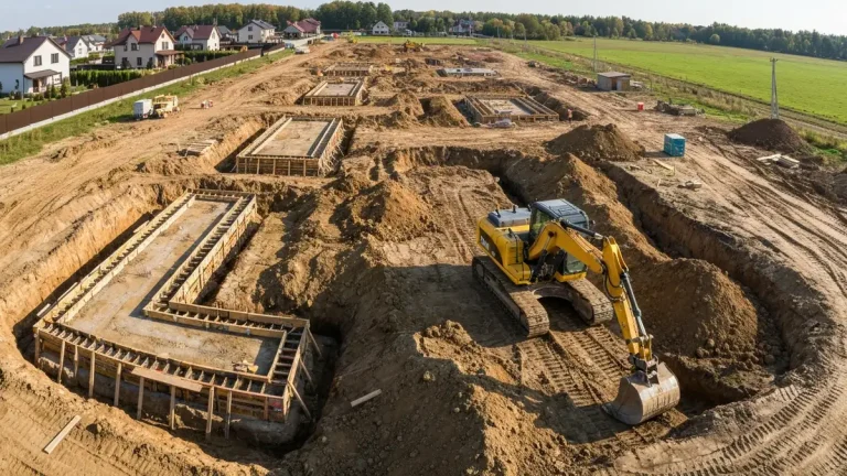 Budowa domu systemem gospodarczym – faza fundamentów z koparka na działce