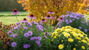 Kolorowe byliny kwitnące jesienią w rabatce ogrodowej – astry fioletowe, echinacea purpurowa, krysantemmy żółte i białe