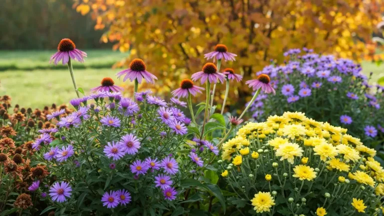 Kolorowe byliny kwitnące jesienią w rabatce ogrodowej – astry fioletowe, echinacea purpurowa, krysantemmy żółte i białe