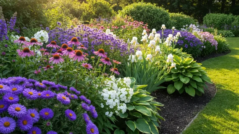 Piękna rabata angielska z kolorowymi bylinami – astry, echinacea, floks i irysy w harmonijnej kompozycji