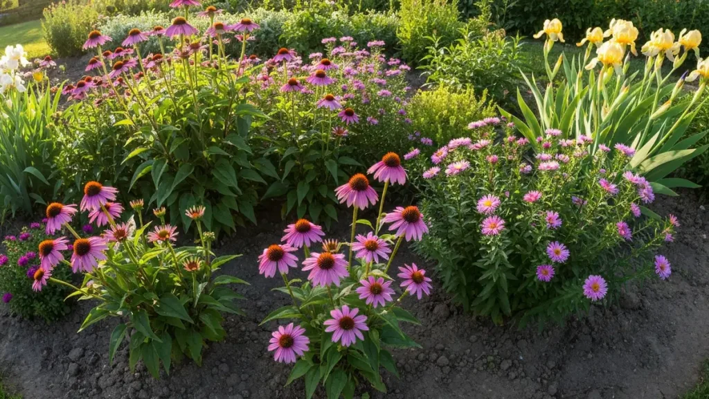 Ogród z bylinami na słonecznym stanowisku – echinacea, astry i irysy kwitnące na pełnym słońcu w lecie