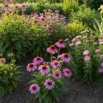 Ogród z bylinami na słonecznym stanowisku – echinacea, astry i irysy kwitnące na pełnym słońcu w lecie