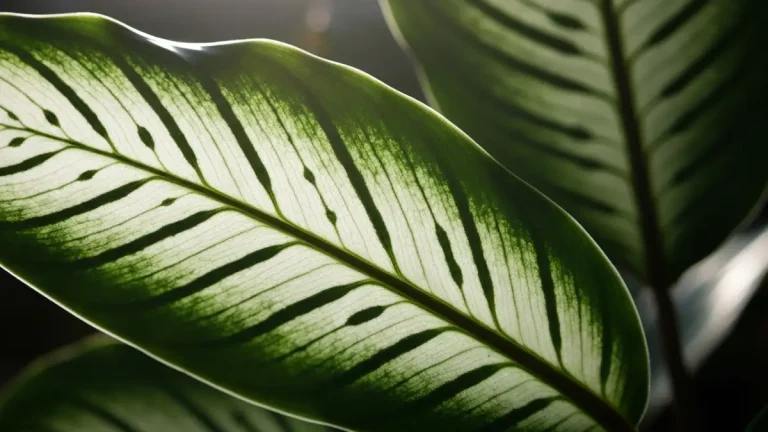 Zbliżenie na liść Calathea orbifolia z charakterystycznym białym wzorem żeber na ciemnozielonej powierzchni