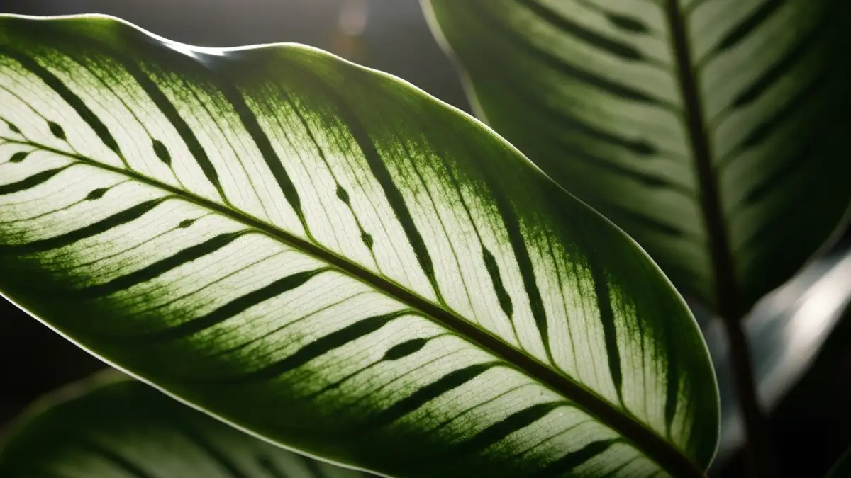 Zbliżenie na liść Calathea orbifolia z charakterystycznym białym wzorem żeber na ciemnozielonej powierzchni