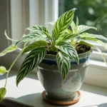 Chlorophytum zielistka w doniczce ceramicznej na parapecie w półcieniu, zielone liście z białymi paskami, bieguny rozmnożeniowe