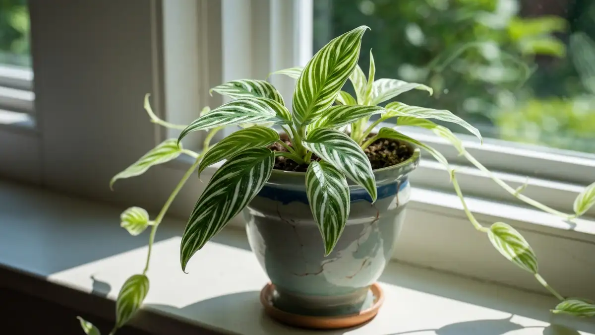 Chlorophytum zielistka w doniczce ceramicznej na parapecie w półcieniu, zielone liście z białymi paskami, bieguny rozmnożeniowe