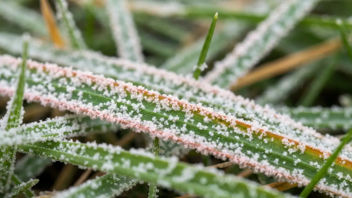 Zbliżenie na trawnik z białym snow mould i rdzawymi plamami chorób trawy
