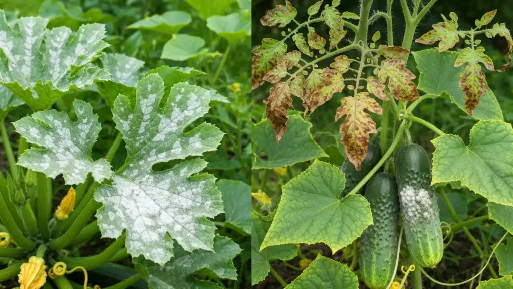 Warzywa w ogrodzie z objawami chorób grzybowych – białe naloty, brązowe plamki, zgnilizna