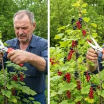 Przycinanie porzeczek czarnych i czerwonych sekатором w ogrodzie – widok gałęzi przed i po cięciu