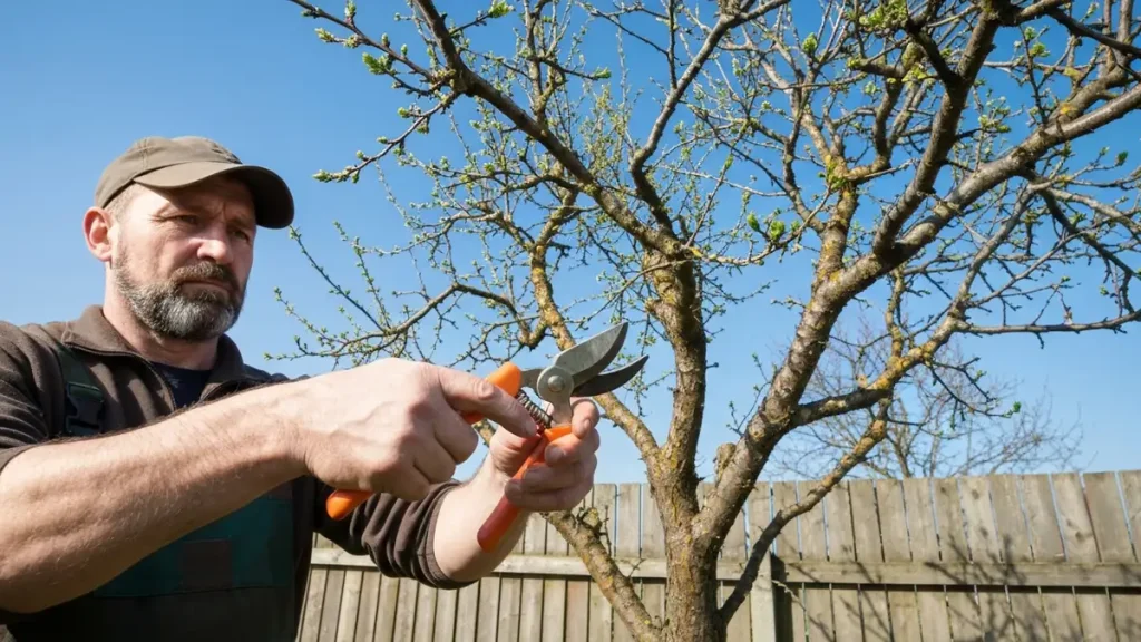 Gardener cutting plum tree branch with pruning shears in spring garden