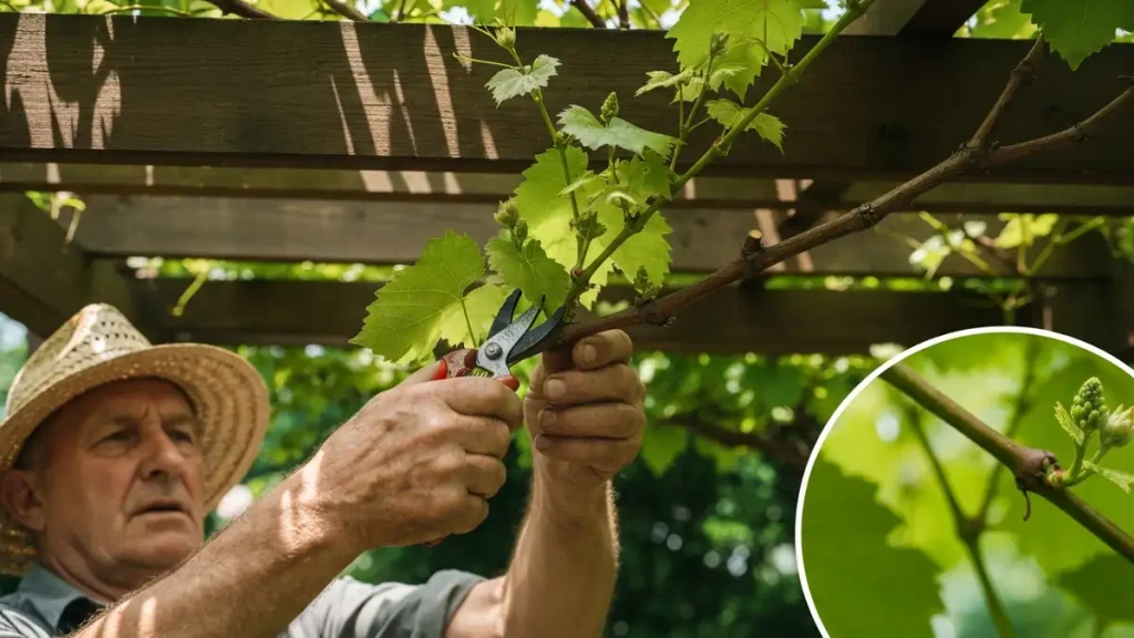 Cięcie winorośli sekatorami na pergoli w ogrodzie