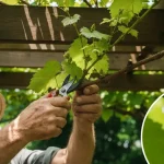 Cięcie winorośli sekatorami na pergoli w ogrodzie