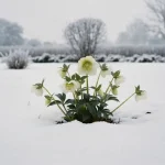 Ciemiernik helleborus czarny z białymi kwiatami zimą w śniegu