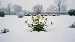 Ciemiernik helleborus czarny z białymi kwiatami zimą w śniegu