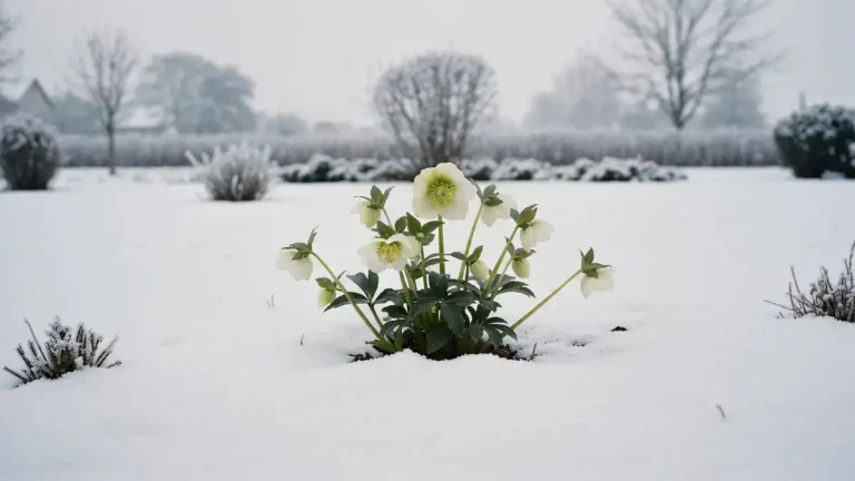 Ciemiernik helleborus czarny z białymi kwiatami zimą w śniegu