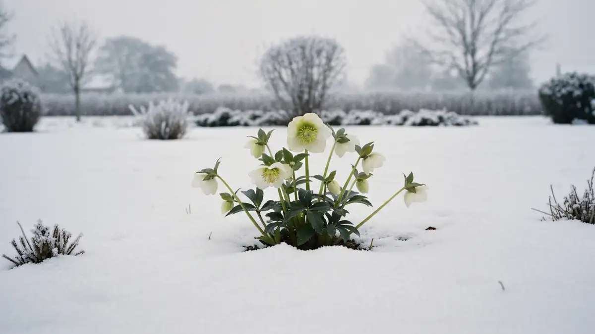 Ciemiernik helleborus czarny z białymi kwiatami zimą w śniegu